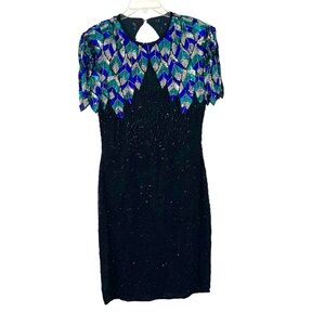 Vintage Scala Black Multi Color Floral Silk full Beaded Sequin Party Dress